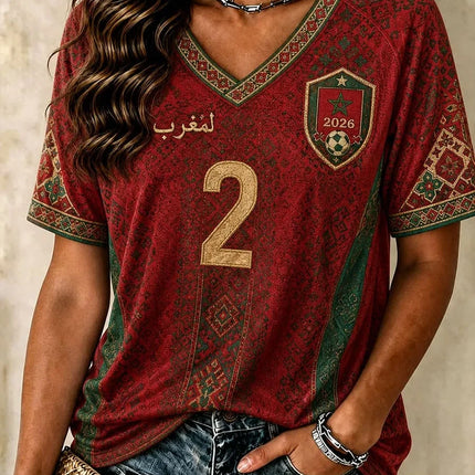 2026 Morocco National Team Red Football T-Shirt, Women's Men V-Neck Sportswear with Script & Star Motif  2026 New Colthing