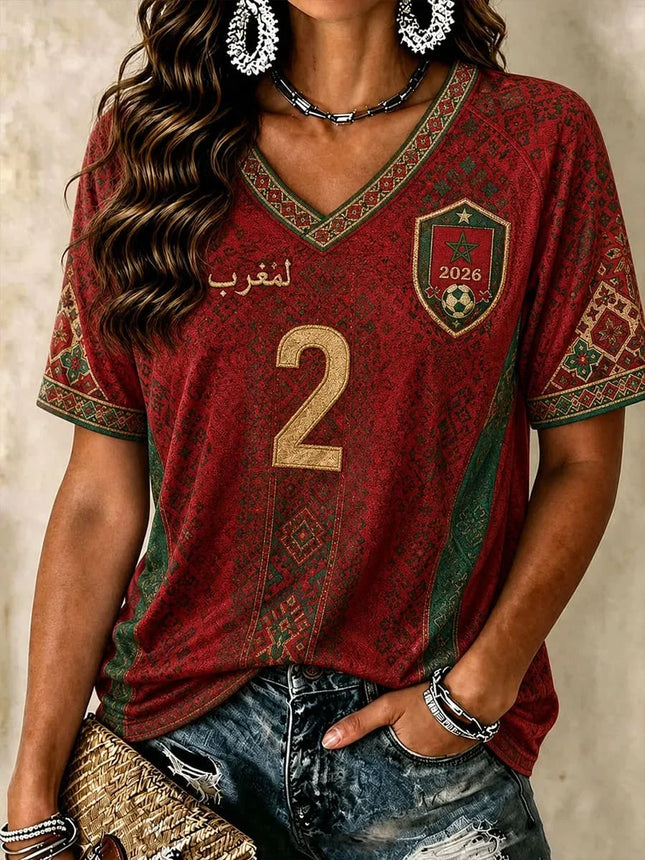 2026 Morocco National Team Red Football T-Shirt, Women's Men V-Neck Sportswear with Script & Star Motif  2026 New Colthing