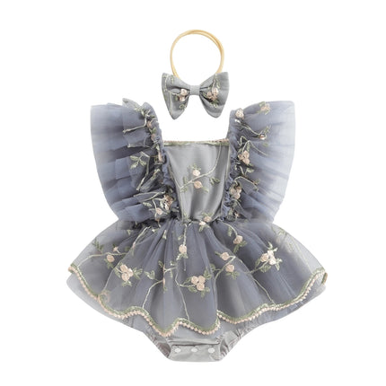 Citgeett Summer Infant Baby Girls Bodysuit Dress Fly Sleeve Floral Embroidery Tulle Jumpsuit Bow Headband Clothes