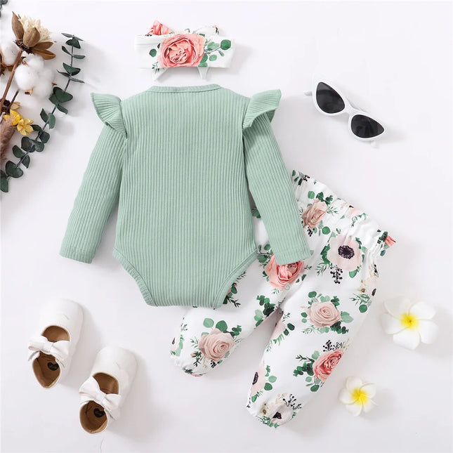Newborn Baby Girl Autumn Set Letter Long-sleeved Bodysuit + Bow Printed Pants + Headband, fits 0-12 Months Female Babies Fashion Suit