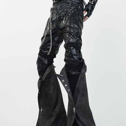 Mauroicardi Spring Skinny Black Pu Leather Motorcycle Pencil Pants for Men with Detachable Leg Covers Alternative Punk Clothes