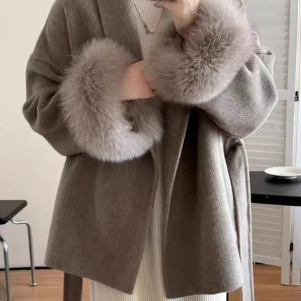 DFDG Short Lace-Up Lapel Cashmere Wool Coat for Women's Fashion Temperament 2024 Autumn and Winter New Collection