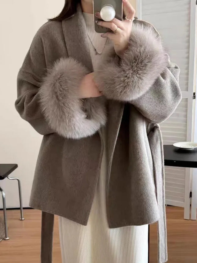 DFDG Short Lace-Up Lapel Cashmere Wool Coat for Women's Fashion Temperament 2024 Autumn and Winter New Collection