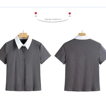 Korean striped short sleeved T-shirt for women's summer new high-end cotton patchwork lapel shirt, polo shirt, casual top