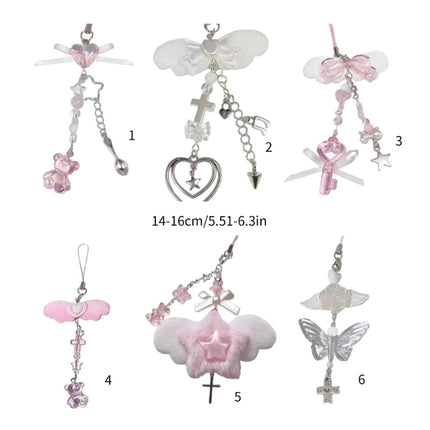 Bowknot Phone Chain Angel Wing Pendant Keychain Sweet Cool Phone Lanyard Acrylic Keyring Bag Ornament
