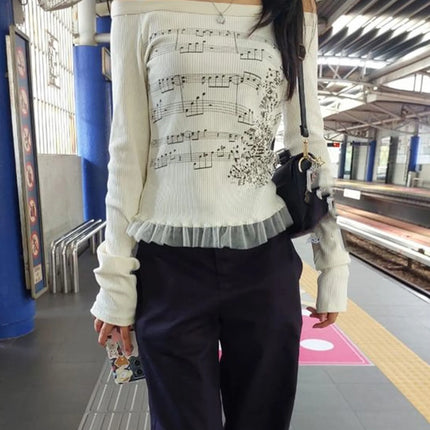 Y2K Aesthetic Fairy Off Shoulder Tops Women Long Sleeve Music Note Print Slim Fitted T-Shirt Ruffle Blouse Clothes