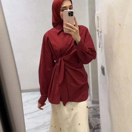 Women's New Shirt Side Waist Tie Slim Fit Casual Long Sleeve Solid Shirt 2026 New Collection Autumn Fashion Loose Ropa Mujer