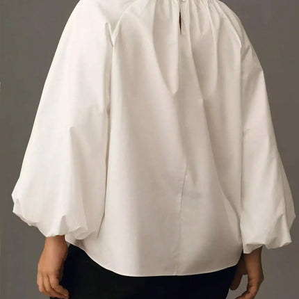 Women Plus Size Round Neck Elegant Solid Tops Lantern Long Sleeve Loose Fashion Blouse Shirt, Button Back