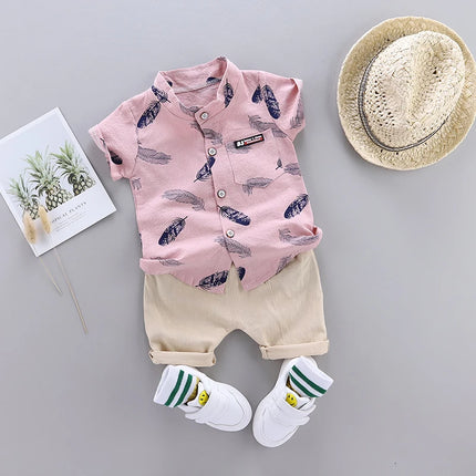 0-3 year old baby summer feather printed shirt short sleeved shorts set with fashionable cartoon random printing 2-piece set wit