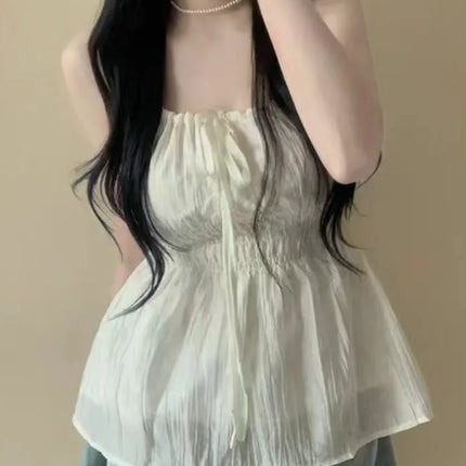 Sexy Summer Design D-string Strap Folded Waist Slimming Women's Casual Sexy Vest Top with Belt Polyester Fiber Thin Model