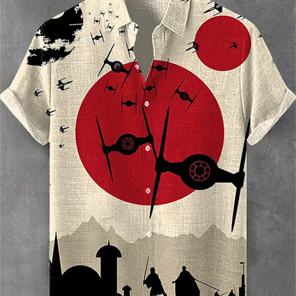 Men's short-sleeved shirt, stylish fighter jet print, breathable casual top, trendy retro pattern, personalized Hawaiian shirt.