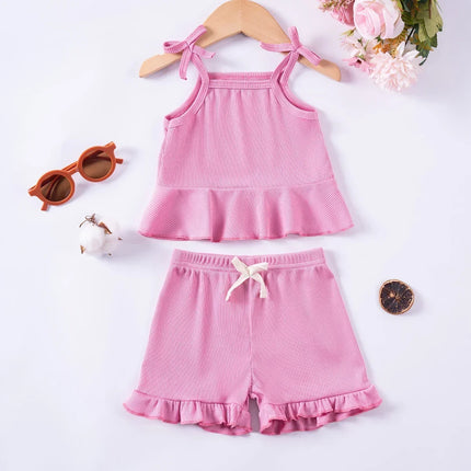 Summer 2024 New Baby Girl Solid Color 2pcs Bow Halter Ruffle Top + Shorts Fashion Comfortable Breathable Cute
