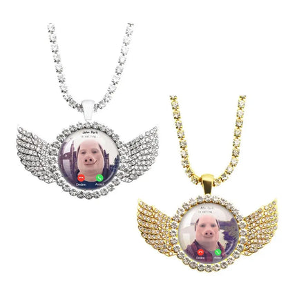 For John Pork Is Calling Answer Call Phone Humor Funny Pig Lover Graphic The Moon Necklace Angel Wings Pendant Necklace Jewelry