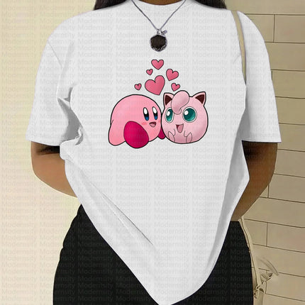 2026 Summer New Pokemon Cotton T Shirt Jigglypuff Print Purple Bow and Knife Design Cute Pink Tops Loose Fit Women Casual