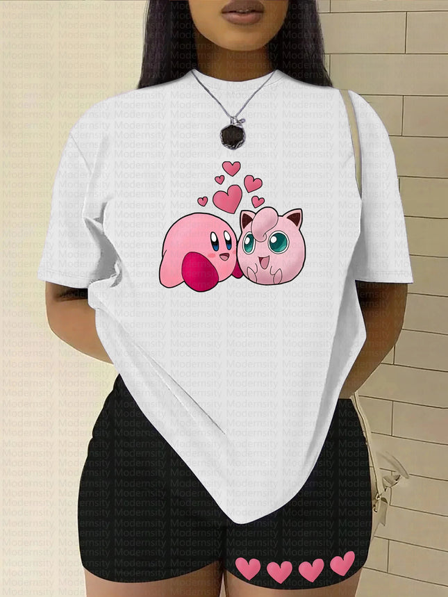 2026 Summer New Pokemon Cotton T Shirt Jigglypuff Print Purple Bow and Knife Design Cute Pink Tops Loose Fit Women Casual