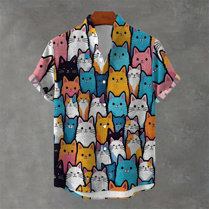 Men's New Short-Sleeved Shirt, Cartoon Cat Print, Hawaiian Style Casual Vacation Lapel Top, Wrinkle-Resistant and Non-Iron.