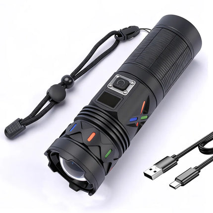 BORUiT 5000Lumen Ultra Bright LED Flashlight1500M Range Zoom Torch USB Rechargeable Handheld Torch With Digital Display Camping
