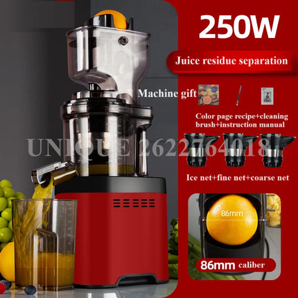 Household Slow Juicer Screw Electric Juice Maker Stainless Steel Filter Free Large Caliber Cold Press Fruit Vegetable Extractor
