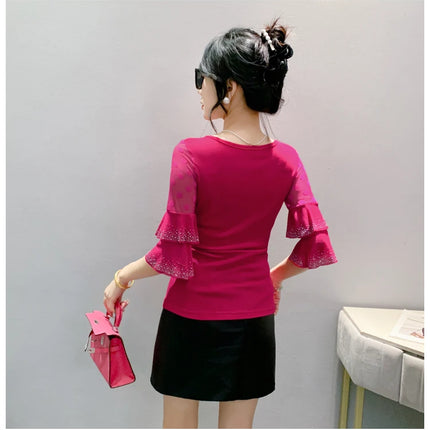 2025 Spring Summer Mesh Tops Korean Fashion Diamond T Shirt Slim 3/4 Sleeve Hollow Out Casual Women Shirt