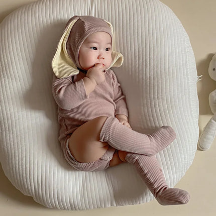 2026 Newborn Baby Rabbit Romper Clothes 3 Pcs Solid Ear Hat Bodysuit Socks Casual Bunny Costume 0-24M Boy Girl Outfits