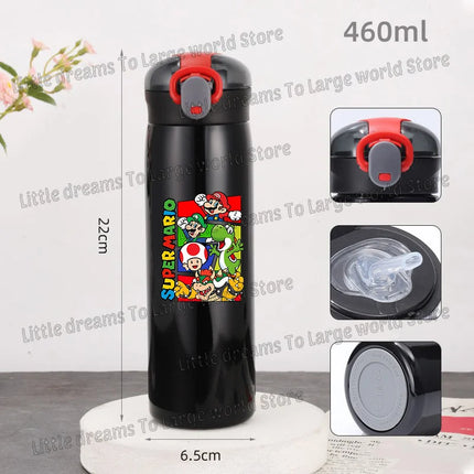 Super Marios Bros 460ml Thermal Cup Men Women Anime Black Straw Bottle Bouncing Lid Portable 304 Stainless Steel Thermo Bottles
