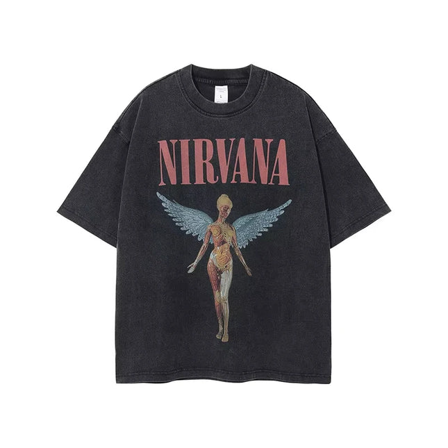 Nirvana rock band men's Retro cotton Washed Tee In Utero album man Women's oversized Y2K distress T-shirt Casual Loose streetwear