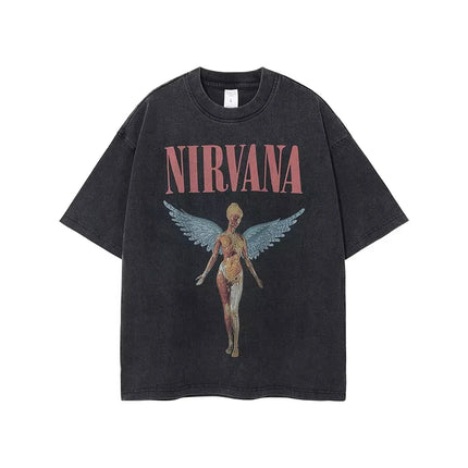 Nirvana rock band men's Retro cotton Washed Tee In Utero album man Women's oversized Y2K distress Tshirt Casual Loose streetwear