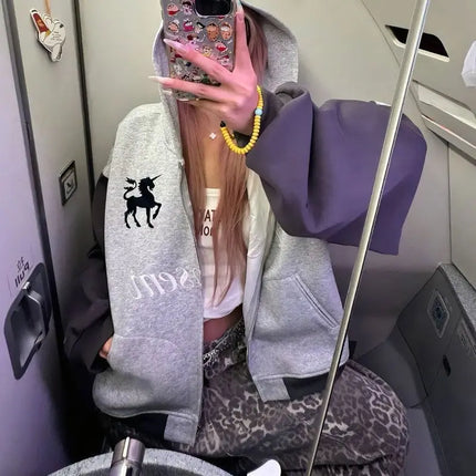 American retro Streetwear Zip Up Hoodie Women’s Y2K Raglan Sleeve Loose Fit Jacket  Autumn Hip Hop High Street Hooded Sweatshirt
