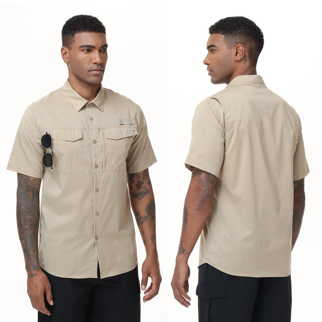 Summer UPF 50+ Men's Short Sleeve Fishing Shirts, Breathable Cargo Shirt, Button Down Tactical Shirts Cooling for Hiking Safari