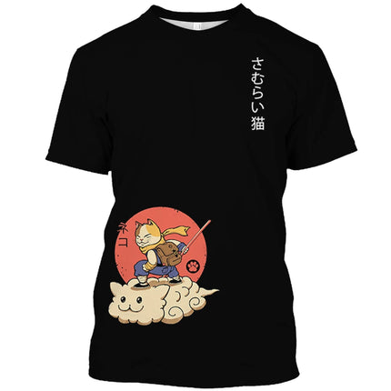 Japanese Samurai Cat Print T Shirt For Men Casual Simplicity O-neck Short Sleeve Fashion Trend Harajuku Streetwear Oversized Top