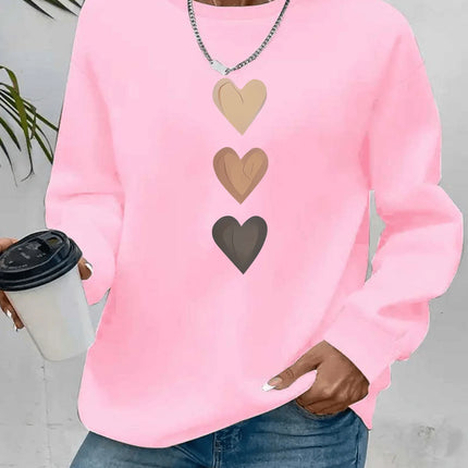 Women's Casual Heart Print Pullover Sweatshirt Geometric Design Long Sleeve Round Neck Machine Washable Regular Fit for Autumn