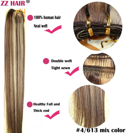 ZZHAIR 100% Human Hair Extensions 16"-26" Machine Made Remy Hair Weft Weaving 100g/Pcs Straight Natural Silk Non-clips