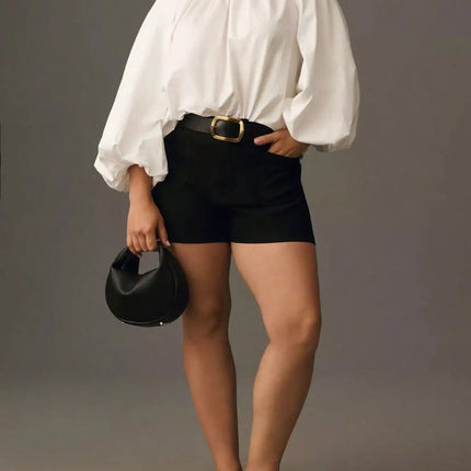 Women Plus Size Round Neck Elegant Solid Tops Lantern Long Sleeve Loose Fashion Blouse Shirt, Button Back