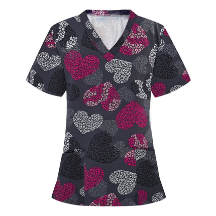 Womens T-Shirts Medical Nursing Uniform Clinical Uniform Woman V-Neck Short Sleeve T Shirt Tops With Pocket Women's Clothing