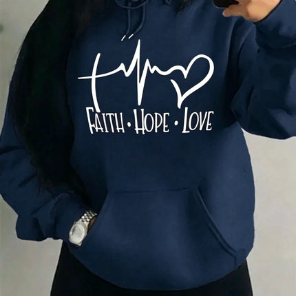 Fashion Faith Hope Love Letter Graphic Hoodies Women Loose Oversized Heart Pulse Print  Sweatshirt Black Daily Casual Hoody