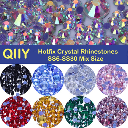 QIIY Mixed Size SS6-SS30 Glass Hot Fix Rhinestones Crystal Flatback Iron On Stones For DIY 3D Nail Art Fabric Clothes Decoration
