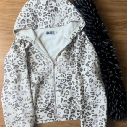 Y2K Streetwear Casual All-Season Fashion Sweatshirt Women's Leopard Print Faux Fur Hood Zipper Hoodie Cropped Oversized