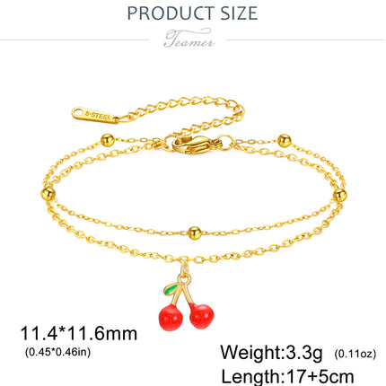 Teamer Enamel Cherry Charm Bracelet For Woman Gold Color Stainless Steel Double Bead Chain Fashion Birthday Friend Jewelry Gift