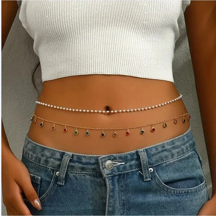 Beach Bikini Waist Chain Simple Double-layer Rhinestone Pentagram Pendant, Versatile Female Sexy Crystal Body Chain