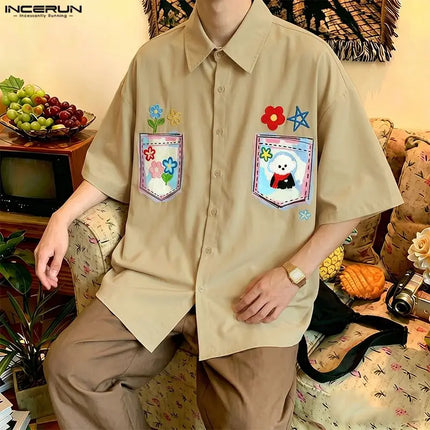 INCERUN Men's Shirt Printing Lapel Short Sleeve Loose Summer Menswear Clothing Streetwear 2026 Korean Style Casual Tops Shirts