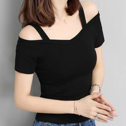 Sexy Summer Women T-shirt Black L-strap Short Sleeve One-word Collar Trendy Top Comfortable Casual Style Polyester Fabric