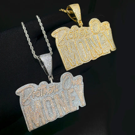 New Hip Hop Brothers Over Money Pendant Necklace Gold Color Iced Out Bling CZ Cubic Zirconia Letters Charm Men Women Jewelry