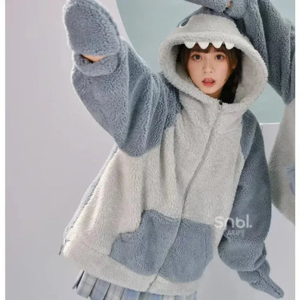 Kawaii Shark Shape Hoodie for Women Cute and Funny Coat Korean Fashion Loose All-match Oversized Thicken Hoodie