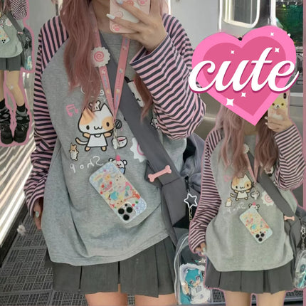 Japan Kawaii Sweet Women T-Shirt O-Neck Stripe Patchwork Long Sleeve Cartoon Print Loose Pullover Casual Cute Top Youth Vitality
