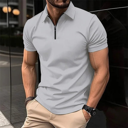Men's stylish half-zip collar polo shirt, black slim fit short-sleeved top, business casual and versatile, available in 8 colors
