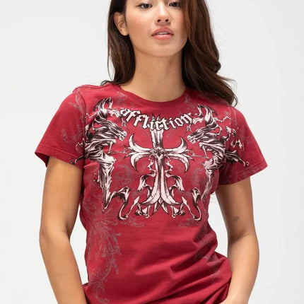AFFICTION Red Goth Short Sleeves Men Women Vintage Cotton Couple Matching Hip Hop Streetwear Distressed Round Summer Grunge Tee