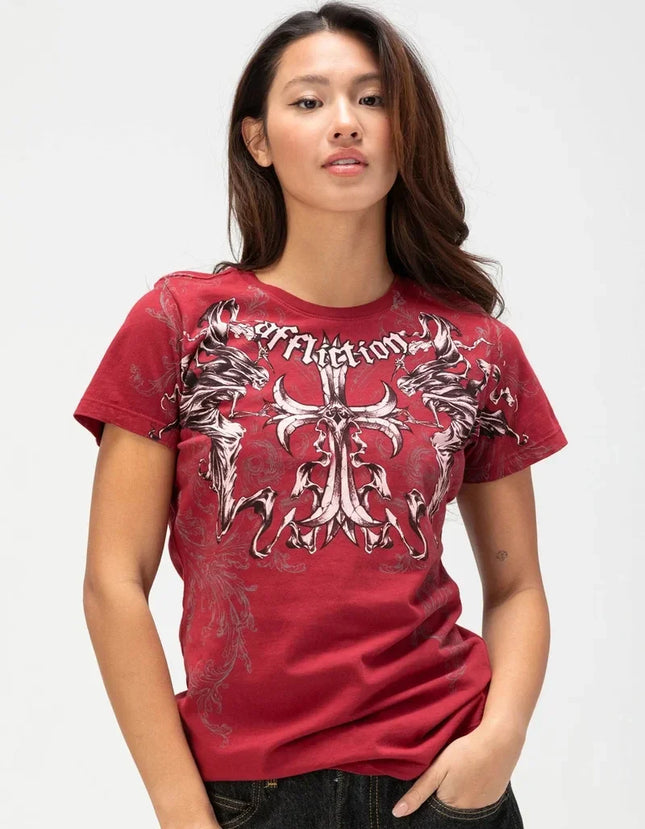 AFFICTION Red Goth Short Sleeves Men Women Vintage Cotton Couple Matching Hip Hop Streetwear Distressed Round Summer Grunge Tee