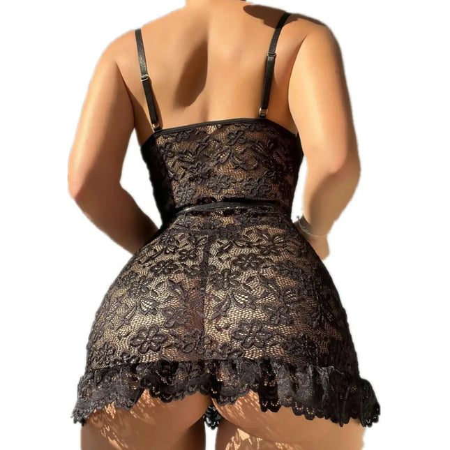 Delicate Sexy Crotchless Nightdress Hollow Bra Panties Set Erotic Lace Underwear Women's Sexy Nightie Nightgown