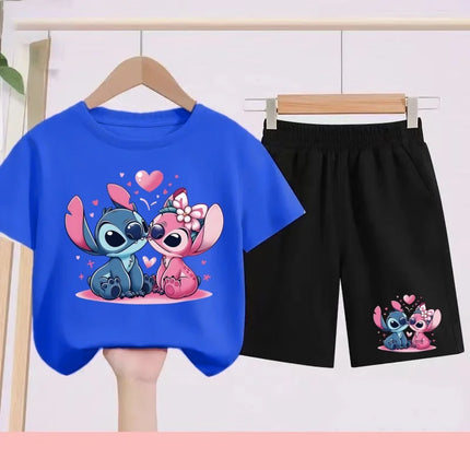 Kids Disney Stitch Print Summer Cute Breathable Tees + Shorts 2pcs 3-12 Years Boy Girls Round-neck Set Children Leisure Clothing