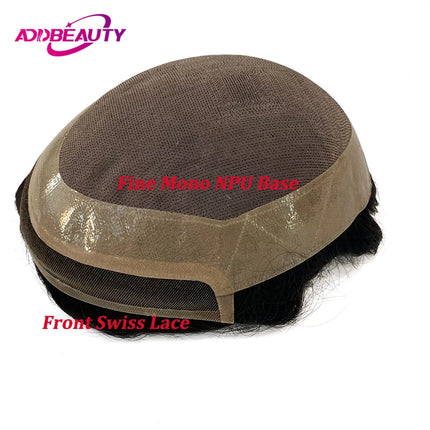 Mono NPU Men's Hairpiece Front Swiss Lace Indian Human Remy Hair Wigs Durable Mono Men's Wigs Natural Wigs Capillary Prosthesis